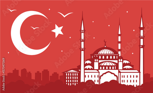 Mosque at Night: A stylized illustration of a grand mosque silhouetted against a vibrant red night sky, complemented by a crescent moon and star, symbolic of Islamic culture.