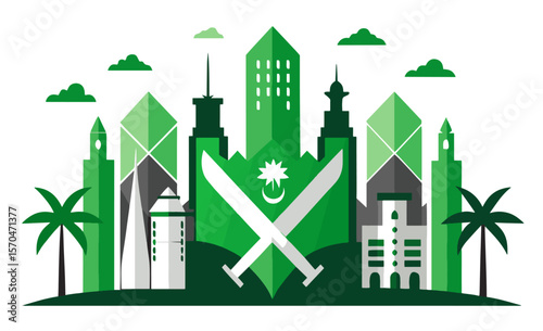 Green Metropolis: A striking urban landscape rendered in shades of green, featuring iconic buildings and symbolic elements that capture the essence of a modern metropolis.