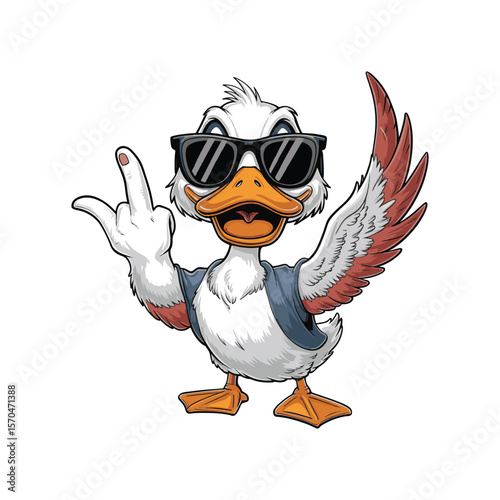 Cool white duck wearing sunglasses flashing a rock and roll hand sign, a fun and edgy cartoon design. Vector illustration.
