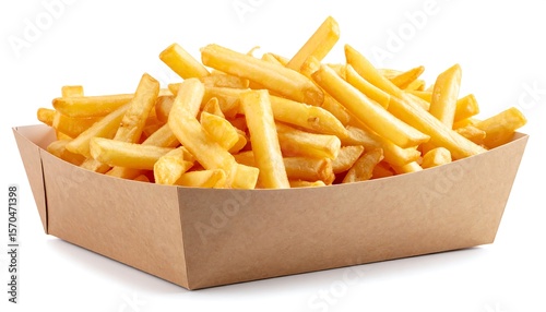 Golden French fries in a cardboard tray