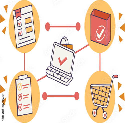Online shopping process with checklist, shopping cart, box and laptop with a checkmark icon