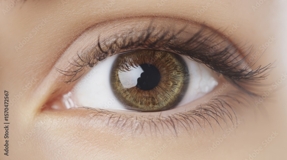 Obraz premium Close-up of a natural female eye with intricate iris details, isolated on white background. The beauty of human eye texture.