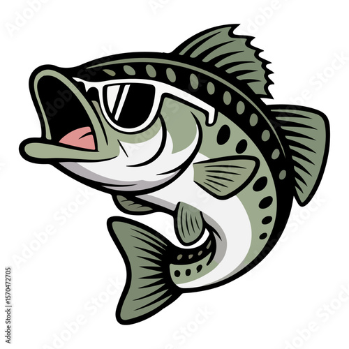 Fish caught on hook vector illustration in ocean wildlife style, A beautiful big bass fish cartoon.