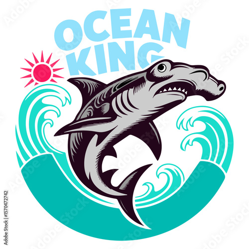 Ocean king hammer head shark with sea waves vector design