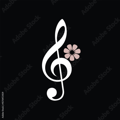 A minimalist white treble clef with a soft pink flower detail, symbolizing harmony, elegance, and love for music. Vector illustration