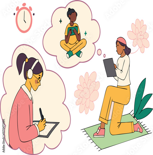 Illustration of women engaged in creative activities and digital work in a dreamlike setting
