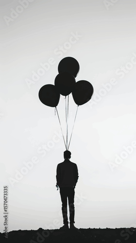 Silhouette of man holding black balloons