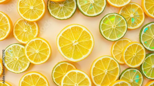 Overhead view of vibrant lemon and lime slices arranged on a light-colored background
