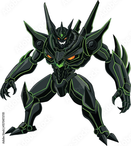 A menacing, dark robot figure with glowing green accents and sharp features stands ready.