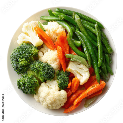 Steamed Mixed Vegetables on Plate isolated on transparent white background, clipping path