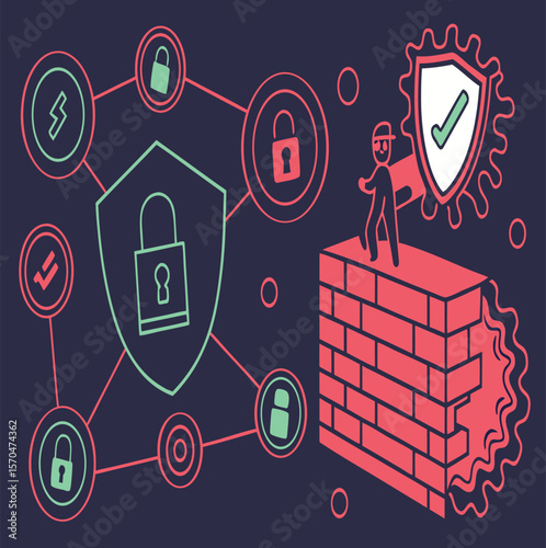 Illustration depicting security measures with a figure on a brick wall and network of security icons