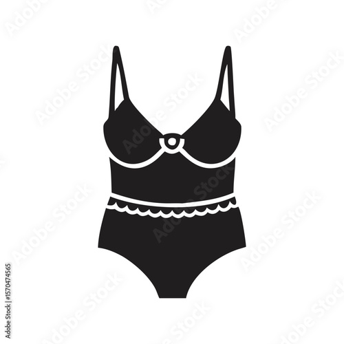 Black and white fashion illustration of a woman in a bikini, bra, and underwear, perfect for summer beach and lingerie designs A minimalist vector style illustration of a black lace babydoll negligee 