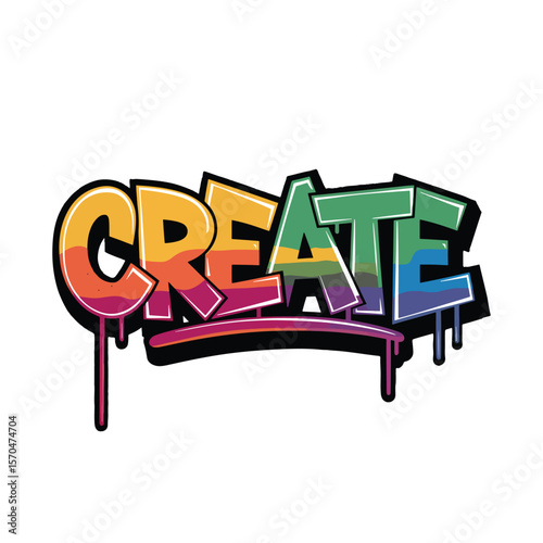 “CREATE” in colorful dripping graffiti, showcasing artistic freedom and self-expression. Vector illustration.  