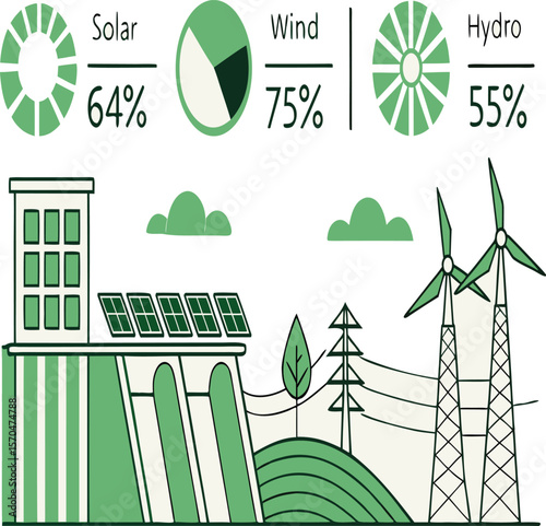 Green energy infographic with solar panels, wind turbine, charts and leaves in a sustainable environment