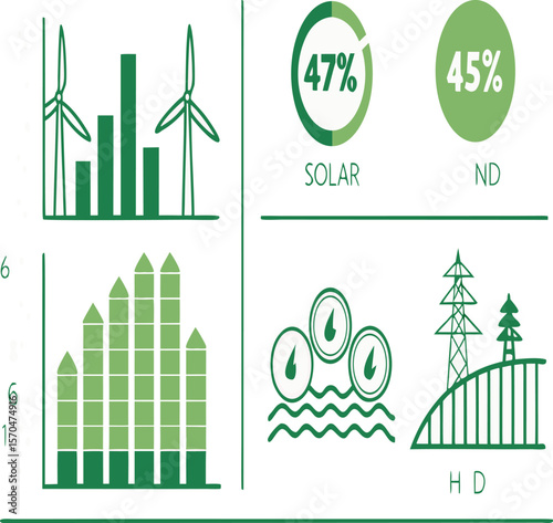 Illustration showcasing solar, wind, and hydro energy sources with percentage indicators shown