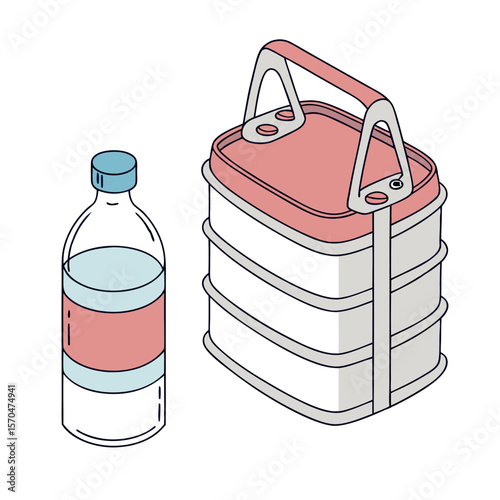 A drawing of a water bottle with a pink label and a three tiered pink and white lunchbox with a handle