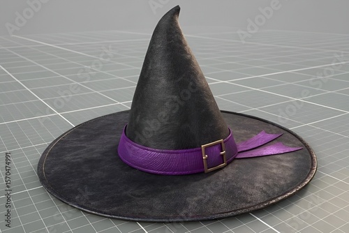 3D Render of Black Witch Hat with Purple Ribbon on Gray Grid Background