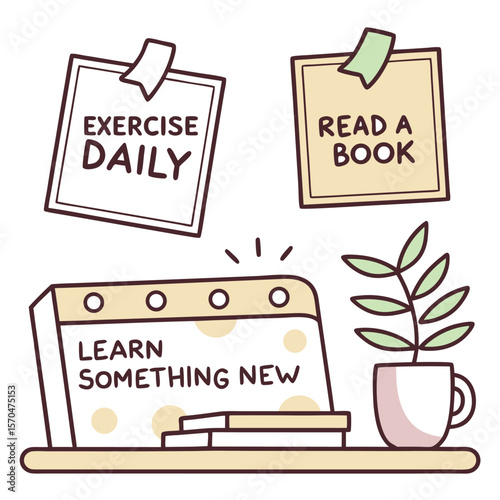 Cartoon illustration of daily reminders with exercise book learning and potted plant on a shelf