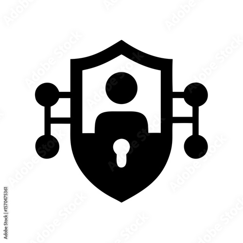 Black silhouette design of a security icon shielding a cluster of d shapes