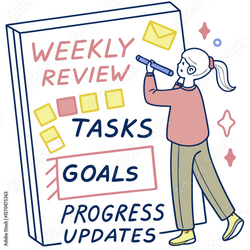 A woman reviewing a weekly planner with tasks goals progress updates and sticky notes with a marker in hand