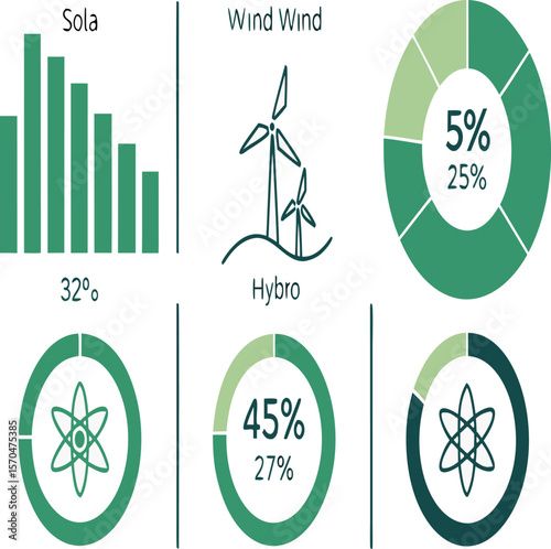 Infographic showcasing renewable energy sources with windmills, solar, hydro, and power transmission lines