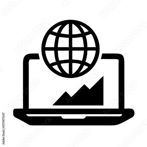 Silhouette design depicting a laptop with globe and mountain for the future