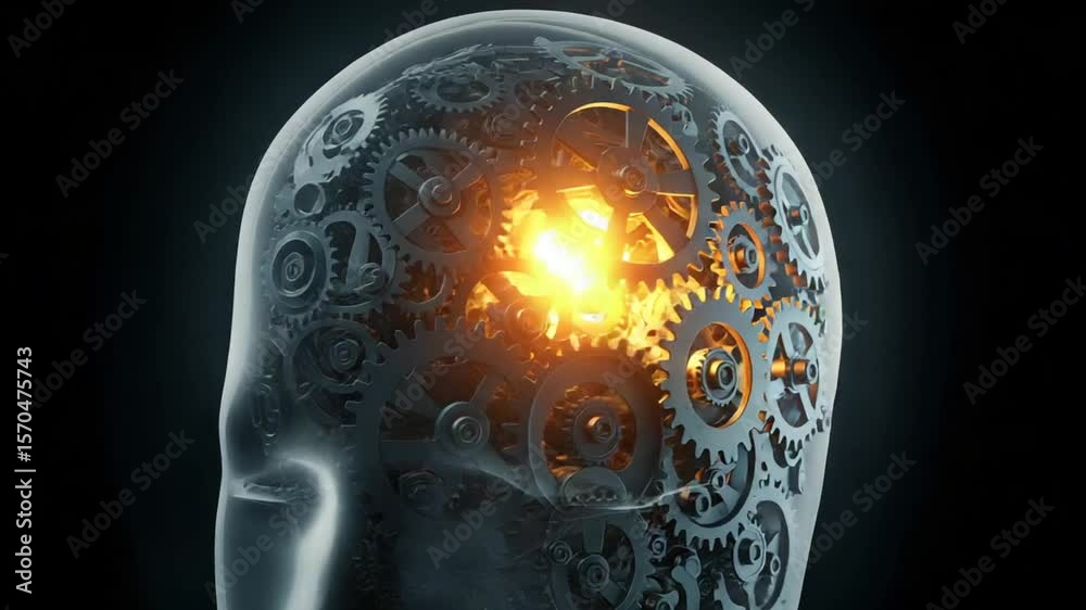 Mechanical brain with gears illuminated in darkness
