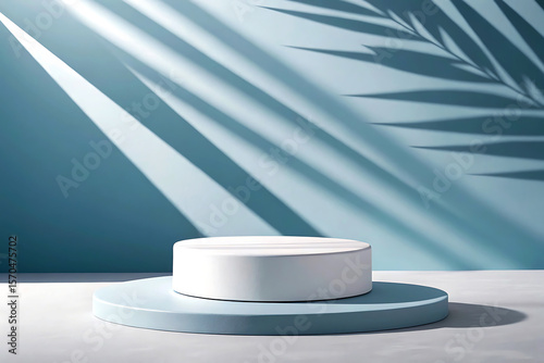 Minimalist display podium with soft blue background and dappled light shadows