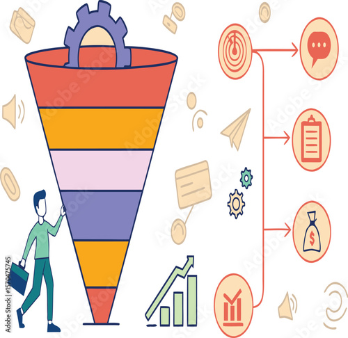 Illustration of a marketing funnel showing lead generation and conversion stages and other marketing icons