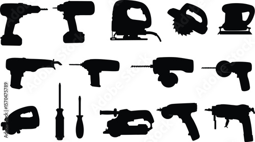 Power & Hand Tools Silhouettes Collection: Diverse set of drills, saws, sanders, and screwdrivers, ideal for construction, DIY, and workshop-themed designs.