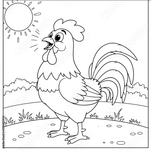 A rooster stands proudly on a grassy hill, crowing under the bright sun with its feathers detailed and comb raised, in a lively black-and-white outdoor scene.