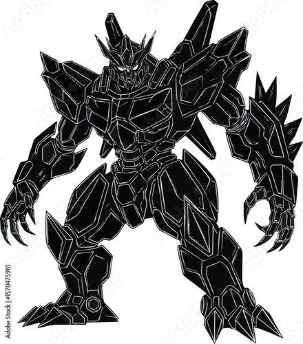 A menacing, dark, armored robot figure stands ready for battle, with sharp claws.