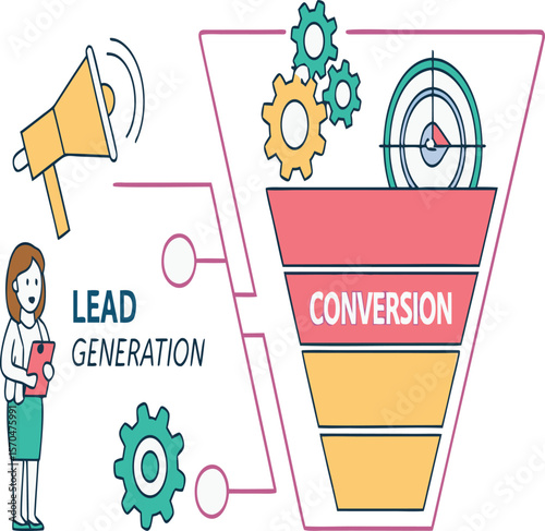 Illustration of a sales funnel with a man holding it and icons depicting business and marketing process