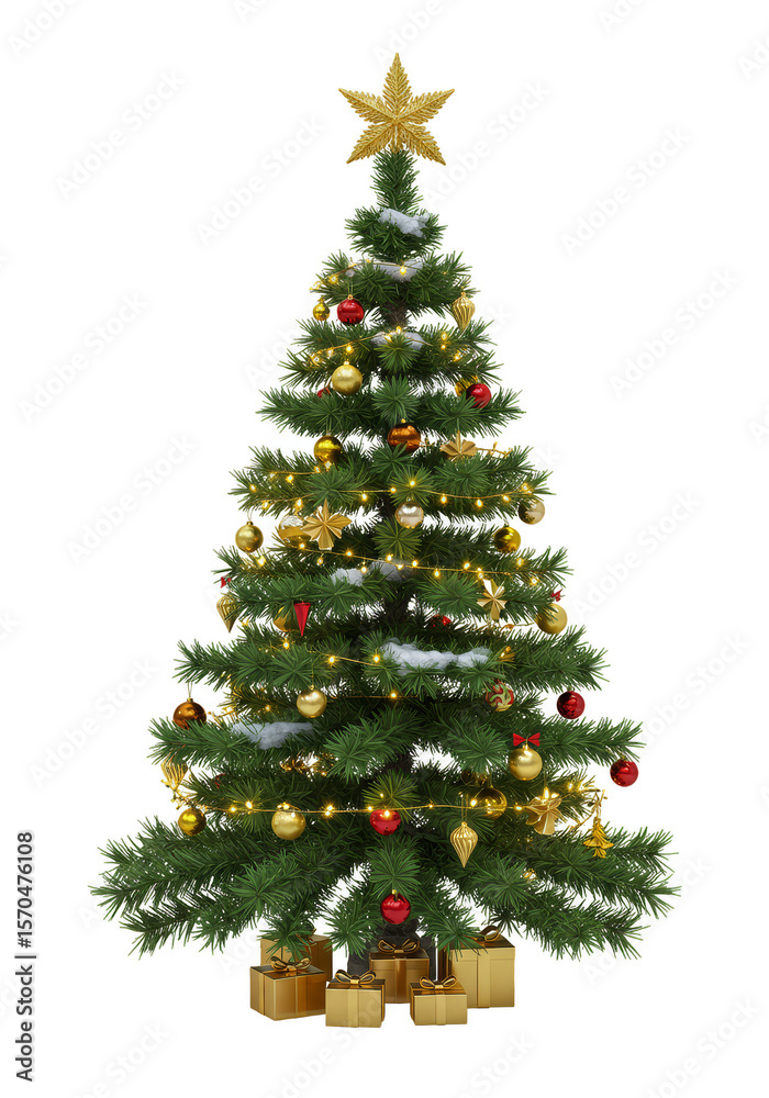 Decorated Christmas Tree with Golden Star and Ornaments Celebration Isolated Decorated Christmas Tree with Golden Star and Ornaments Celebration Isolated