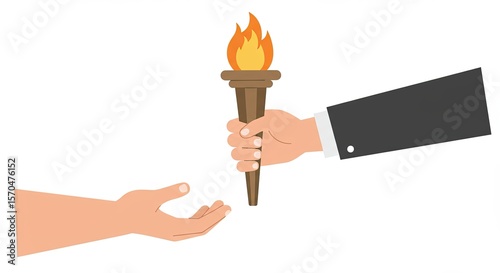 Torch of leadership being passed from one hand to another for the future