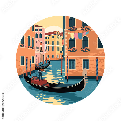 Venice canal view with gondola in a circular frame, charming cityscape. Vector illustration design