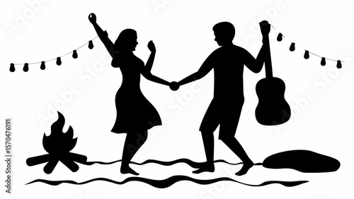 Silhouette of couple dancing with guitar near campfire under string lights at an outdoor gathering scene