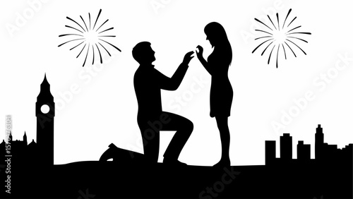 Silhouette of man proposing to woman with city skyline and fireworks in the background at night time