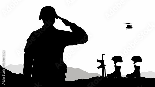 Silhouette of saluting soldier with battlefield cross and helicopter in the background on memorial day