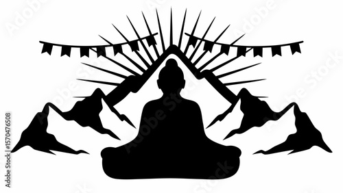 Silhouette of meditating figure with mountains, sun rays, and flags in a black and white composition