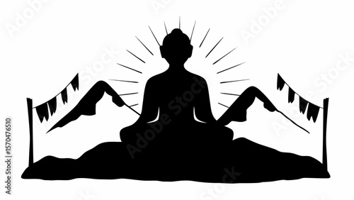 Silhouette of meditating figure with sun rays behind, flanked by mountains and prayer flags on either side