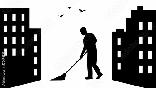Silhouette of a man sweeping the street with buildings and birds in the background in black and white