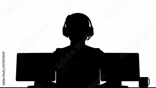 Silhouette of person with headset in front of two monitors displaying code and a coffee mug on desk