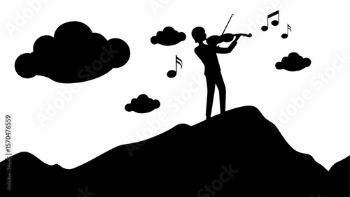 Silhouette of violinist on a mountain top with clouds and musical notes in a black and white landscape