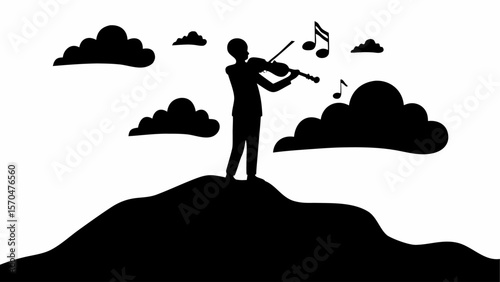 Silhouette of a violinist playing on a hill with clouds and musical notes in a black and white scene