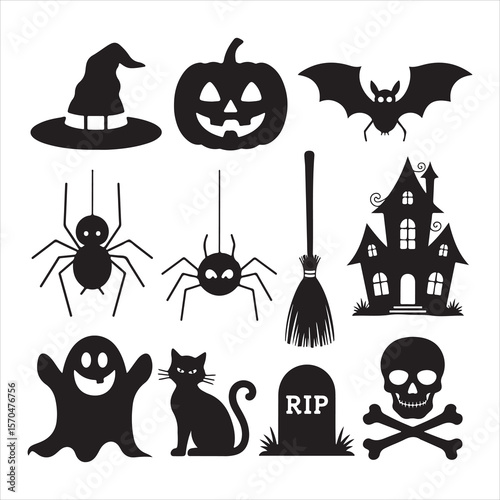 Halloween Icon Set with Witch Hat, Pumpkin, Bat, Spider, and Ghost Isolated on White background