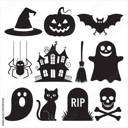 Halloween Icon Set with Witch Hat, Pumpkin, Bat, Spider, and Ghost Isolated on White background