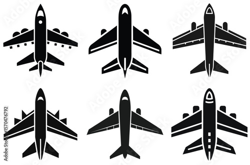 Collection of six black airplane icons seen from above on a white background