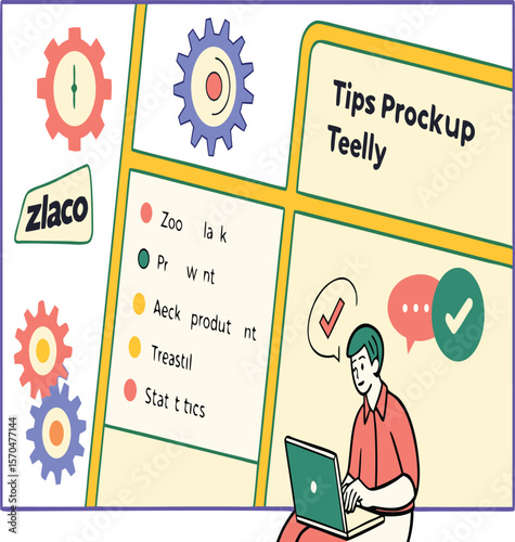 Illustration showing productivity tips with a woman using a laptop and charts with zoom and slack