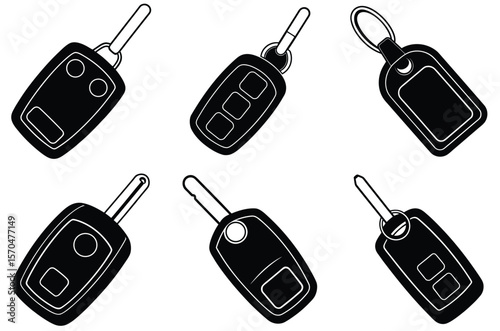Collection of modern car keys and fobs with buttons and keychains